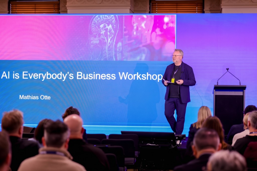 Mathias Otte presenting AI is Everybody’s Business at LG Innovate 2025.