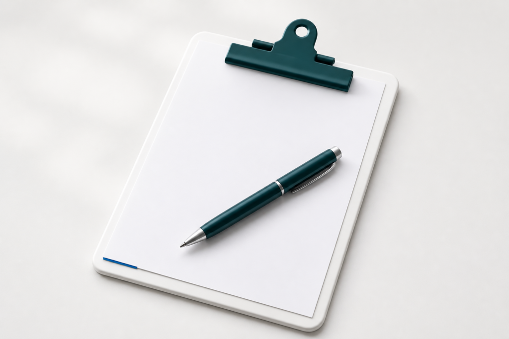 AI-generated still life: a clipboard and pen, representing human review.