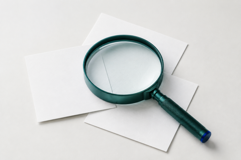 AI-generated still life: a teal magnifying glass over blank notes, representing discovery.