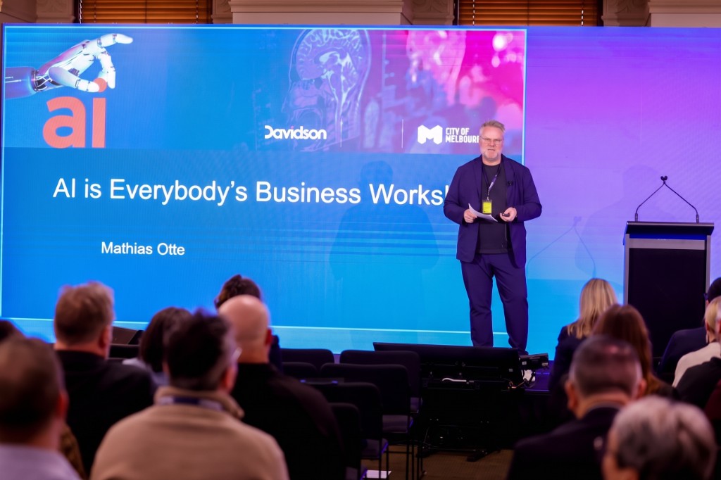 Mathias Otte presenting AI is Everybody’s Business at LG Innovate 2025.
